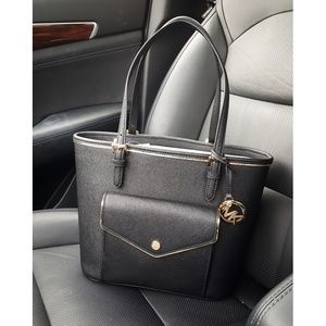 NWT Michael Kors Saffiano Frame Black Leather Tote